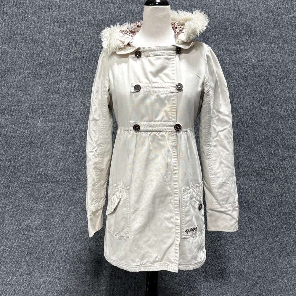 Billabong Coat Womens M White Canvas Parka Faux Fur Hooded Button Lined Pockets